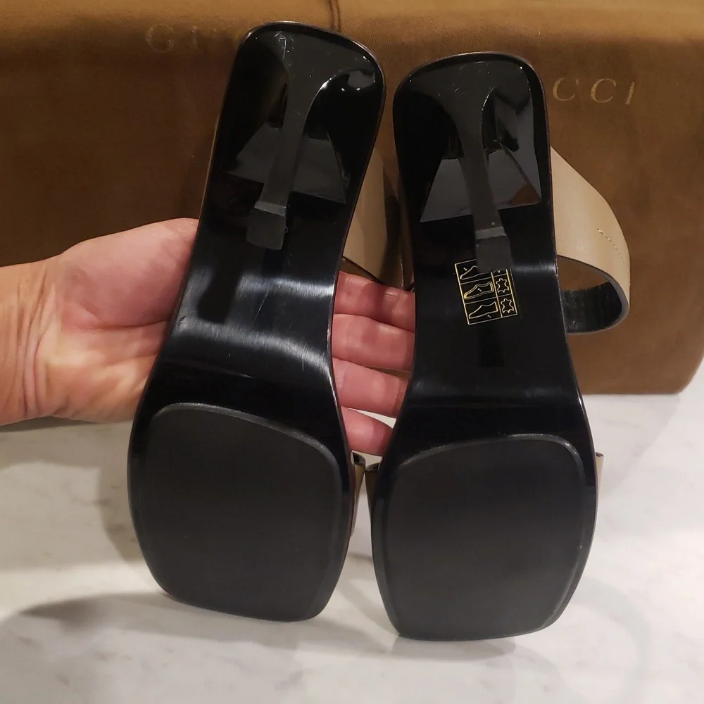 Gucci Leather Sandals Double Strap. 4" Heel Size 7 Tan Color - Picture 6 of 10
